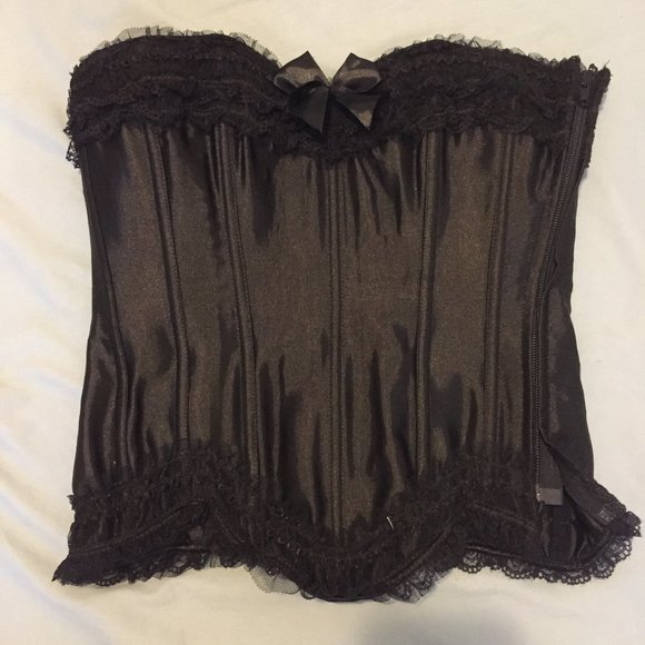 Zip-Up Black Corset with Lace and Bow - Picture 1 of 4